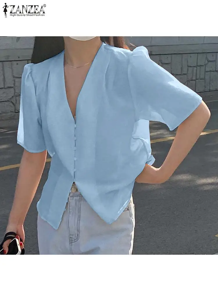 

Повседневные женские офисные топы ZANZEA, Женская Однотонная рубашка с V-образным вырезом, однотонная женская блуза с коротким рукавом в Корей...