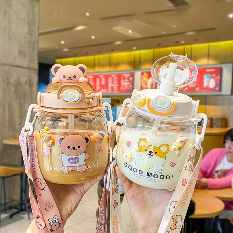

Cute Water Bottle For Girl Kid Large Capacity Mug Outdoor Sport Drinking Kettle Portable Kawaii Bear Cup 1.3L Tumbler With Straw
