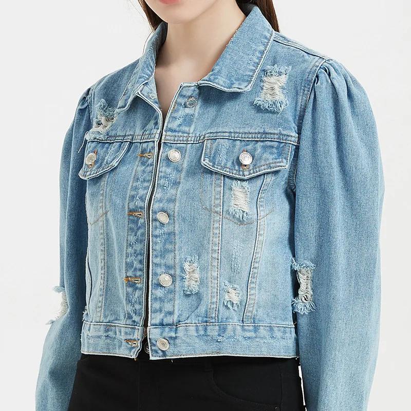 

Autumn Women's Denim Cropped Jacket Female Pockets Hole Short Jean Jackets Ladies 2022 New Fashion Button Casual Solid Coats