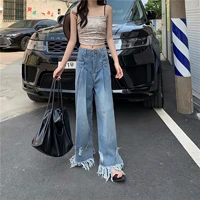high waist blue jeans women korean fashion harajuku style wide leg flared pants streetwear summer commute mopping denim trousers