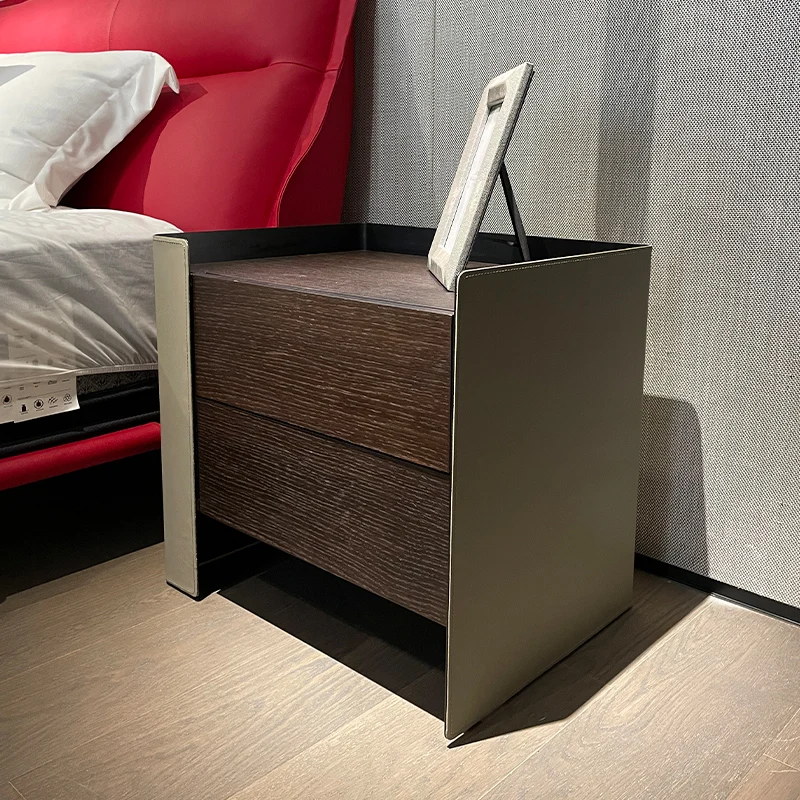 

Lours Fashion Italian-style Minimalist Bedside Table Light Luxury Stainless Steel Bedroom Square Saddle Leather