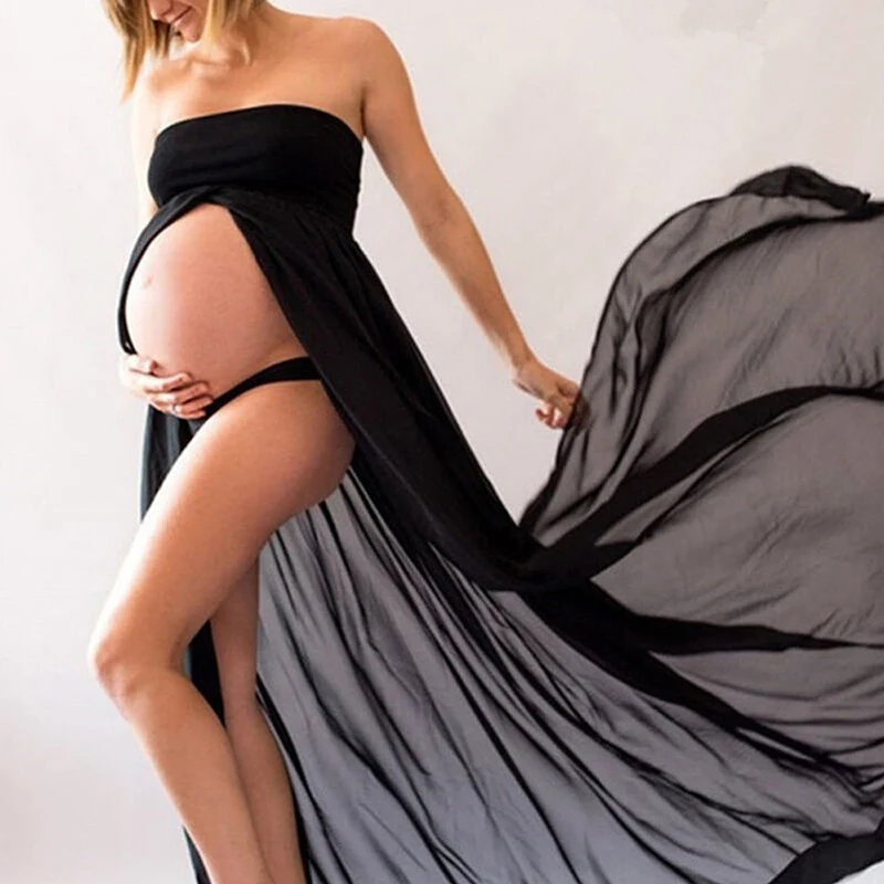 Maternity Dress Solid Color Tube Top Chiffon Joint Slit-Front Pregnant Women Mopping Long Maxi Gown  Pregnant Dress