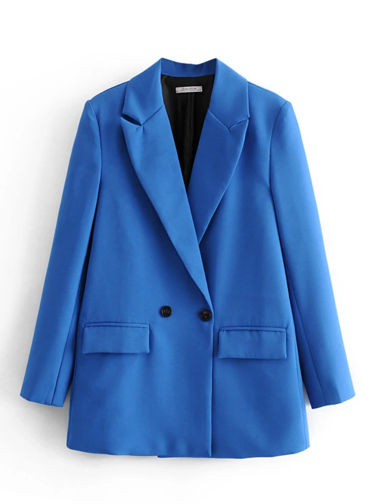 

Ladies Double Breasted Pocket Trim Blue Basic Fall Jacket for Women Casual and Loose Solid Color Blazer Women Office Lady