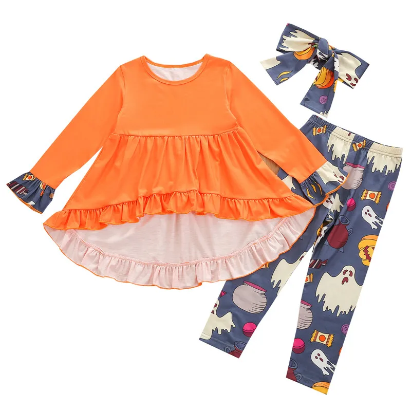 

Детский спортивный костюм на Хэллоуин, комбинированная блузка с длинными рукавами и рюшами, брюки с принтом призраков и повязка на голову д...