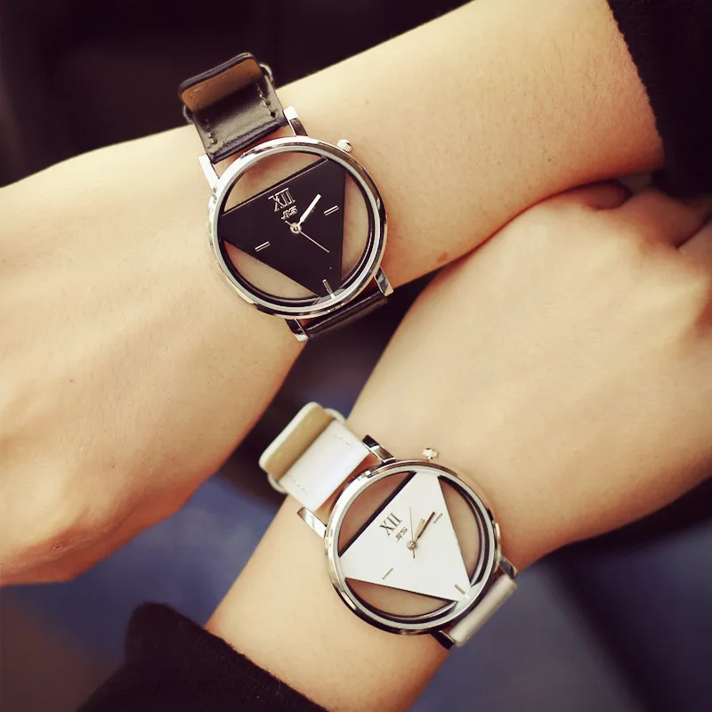 

Fashion Hollow Triangle Women Quartz Watches Simple Novelty And Individualism Creative Wrist Watch Black White Leather Clock