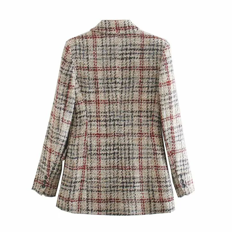 Woman Plaid Blazer Texture Temperament Ladies Lapel Western Slim Body Coat Jacket Women  Office Lady Blazer