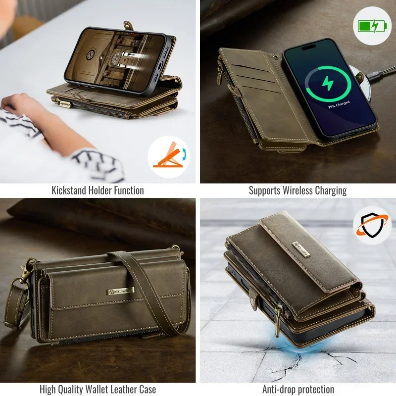 Чехол-кошелек CaseMe с ремешком и молнией для iPhone 17 Pro Max Air 17E 16 15 Plus 14 13 12 11 X XR XS, чехол-кроссбоди (art.: 3920dd272fa02) - 3920dd272fa02