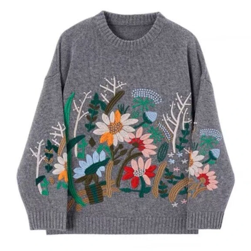 

Pullover Oversize Women Korean Fashion Sweater Autumn Winter Clothes Women Knit Embroidered Flower Long Sleeve Top Streetwear