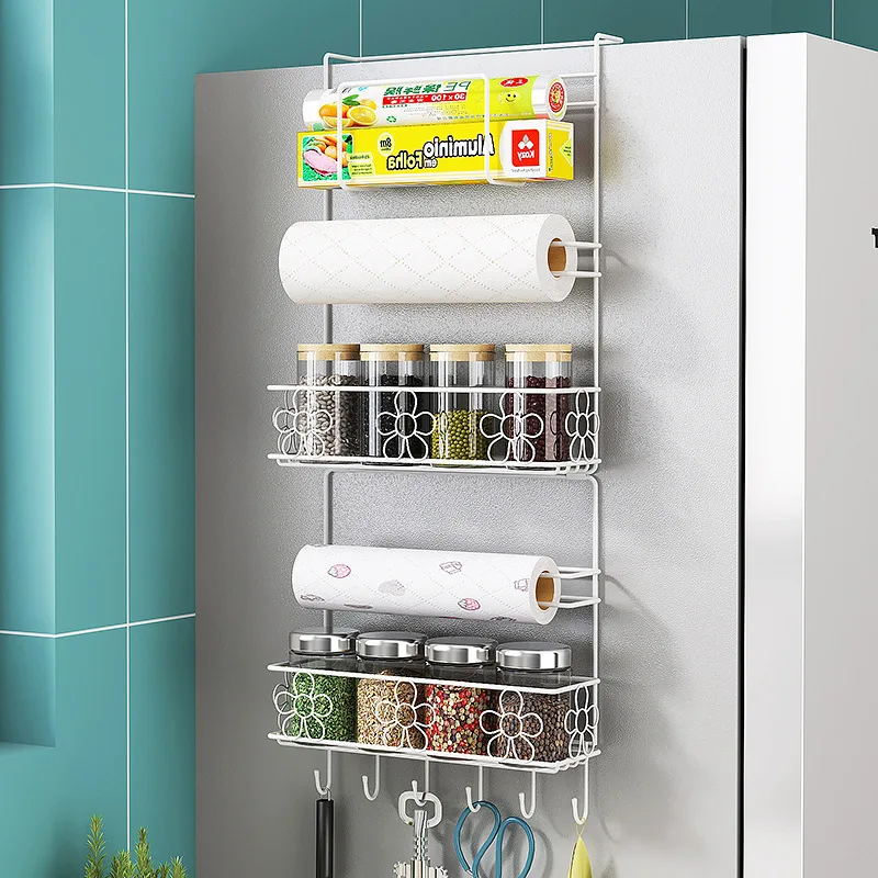 

Metal Fridge Spice Storage Rack Kitchen Spice Holder Shelf Refrigerator Side Hanging Shelves Kitchen Paper Towel Racks Organizer