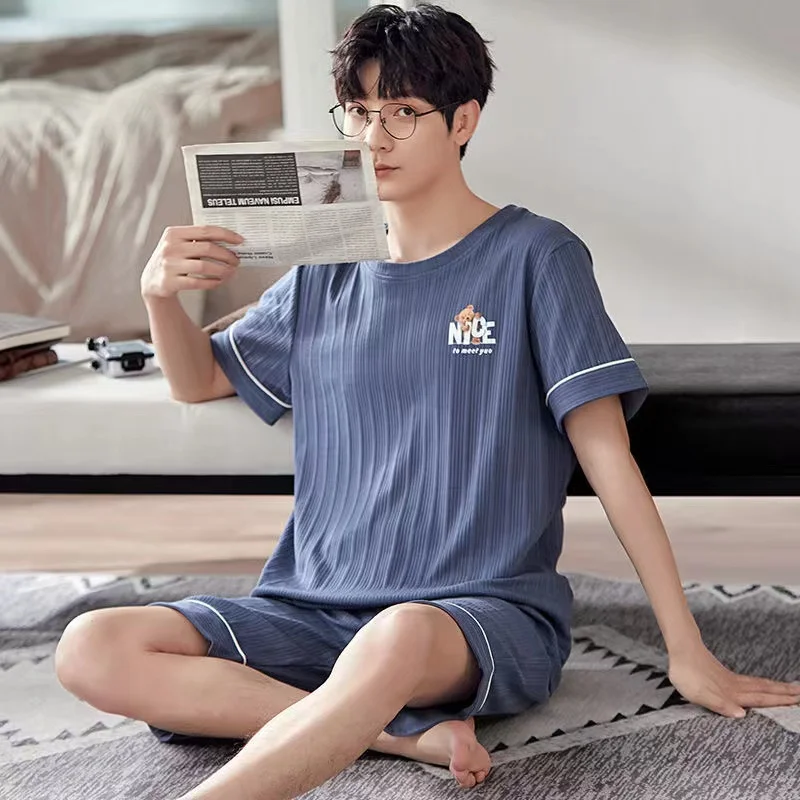 Summer Men's Pajamas Sets 100% Cotton Sleepwear Plus Size Short Sleeve Shorts Leisure Home Clothes 2 Pieces/Set Lounge Pijam