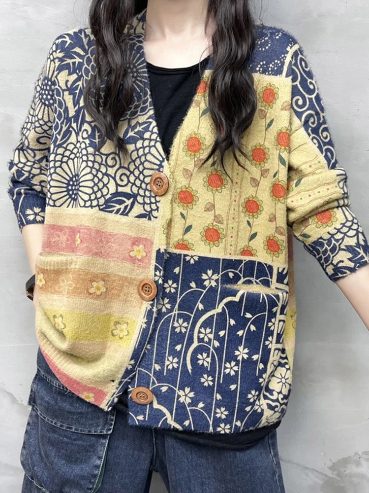 Женский Винтажный Кардиган С Цветочным Принтом Свитер V-образным Вырезом