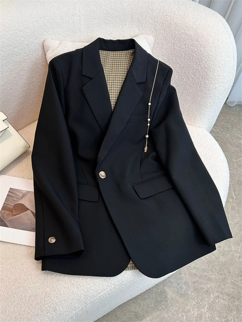 2023 New Spring Autumn Plaid lining Splicing Black Blazer Coats Women's Clothing Casual Street Blazers Suit Jackets  AC760