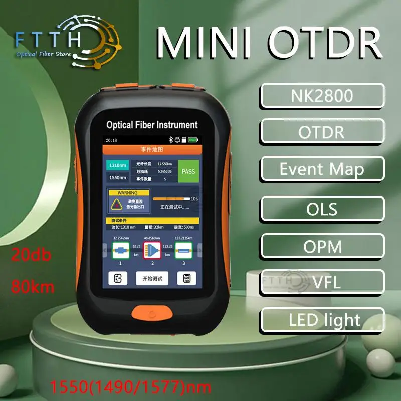 Рефлектометр NK2800 Mini OTDR 1550(1490/1577) нм, 80 км, с поддержкой фотографий, активное волокно, оптический временной рефлектометр, экран 3,5 дюйма