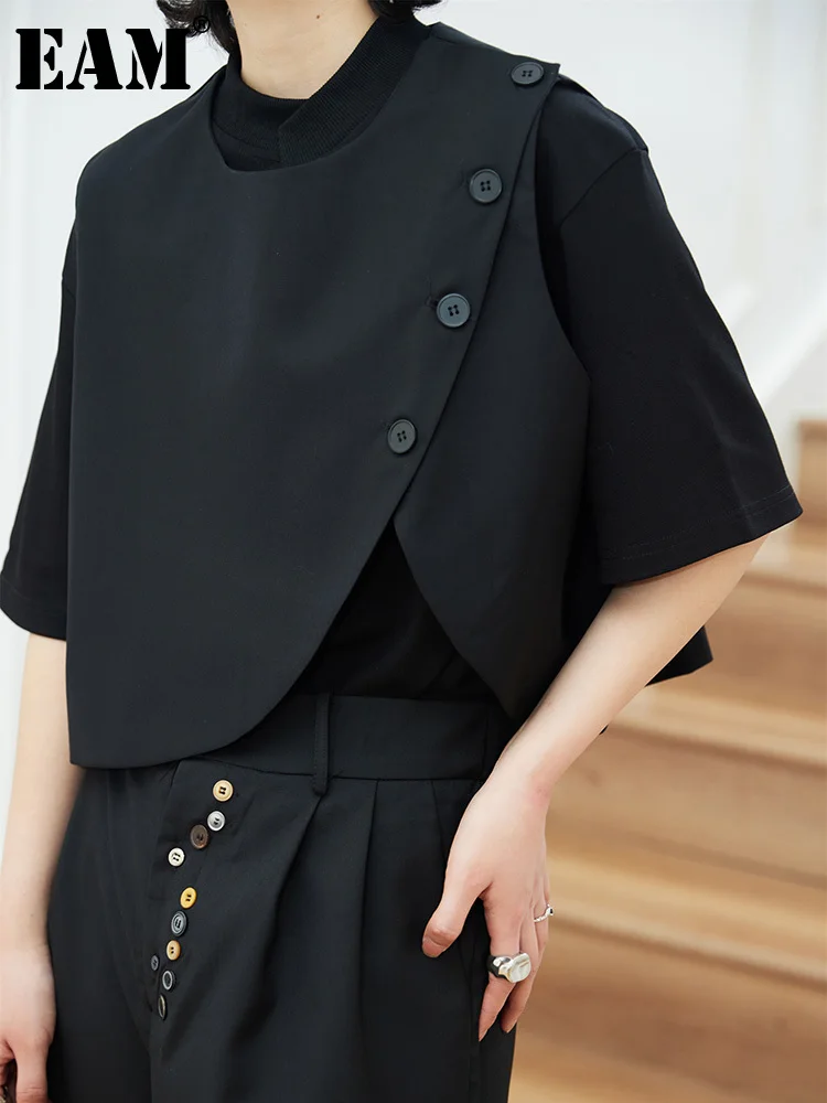 

[EAM] Women Loose Fit Black Button Irregular Big Size Short Vest New Round Neck Sleeveless Fashion Spring Autumn 2023 1DF3666