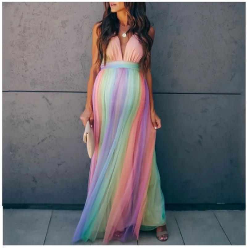 Pregnancy Shooting Dress Maternity  Summer Tulle Colorful Yarn Large V-neck Backless Fashion Floating Yarn Fold Sexy 2022