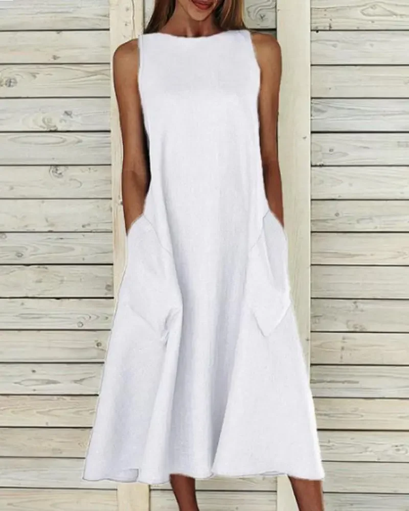 

Летнее женское модное однотонное Повседневное платье миди без рукавов с вырезом лодочкой и боковым карманом