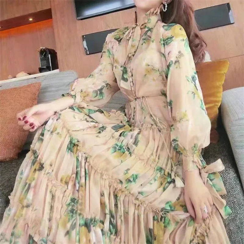 

Long floral dress women loose long sleeves print temperament french shirt dress