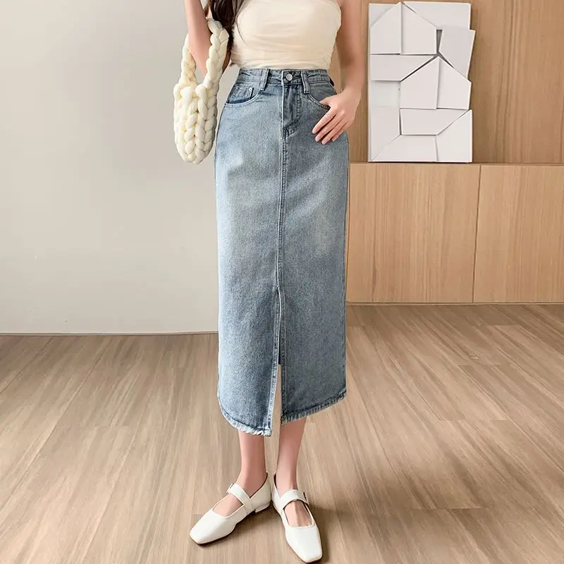 

2023 Summer High Waist Denim Skirts For Women A-line Split Mid Long Skirt Pockets Jupe Female Korean Fashion Bottoms 1012