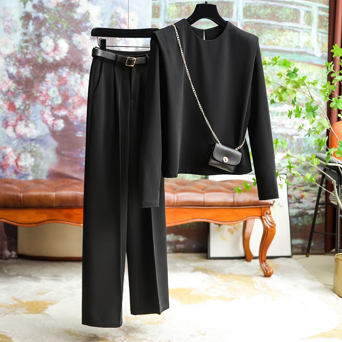 

Han Fan High-waisted Wide-legged Pants Fashion Suit Female 2023 Fall New Solid Color Simple Commuter Casual Long 2-piece Set