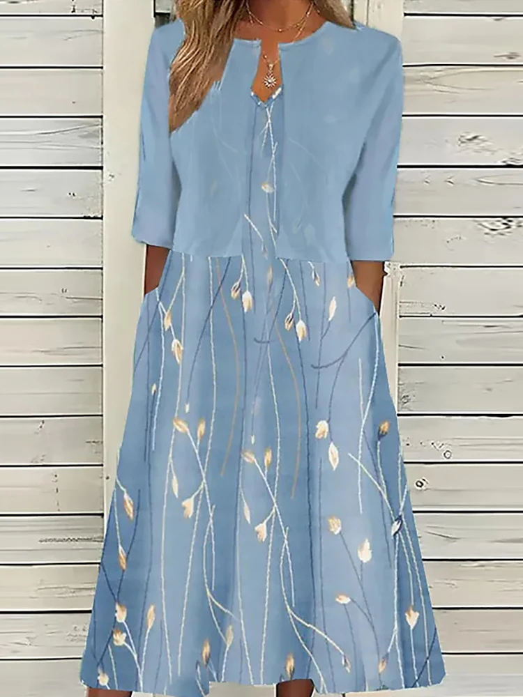 

Three Quarter Sleeve Cardigan Top Maxi Dress Elegant 2PCS Outfit Spring Summer Women Loungewear Print Matching Sets Streetwear