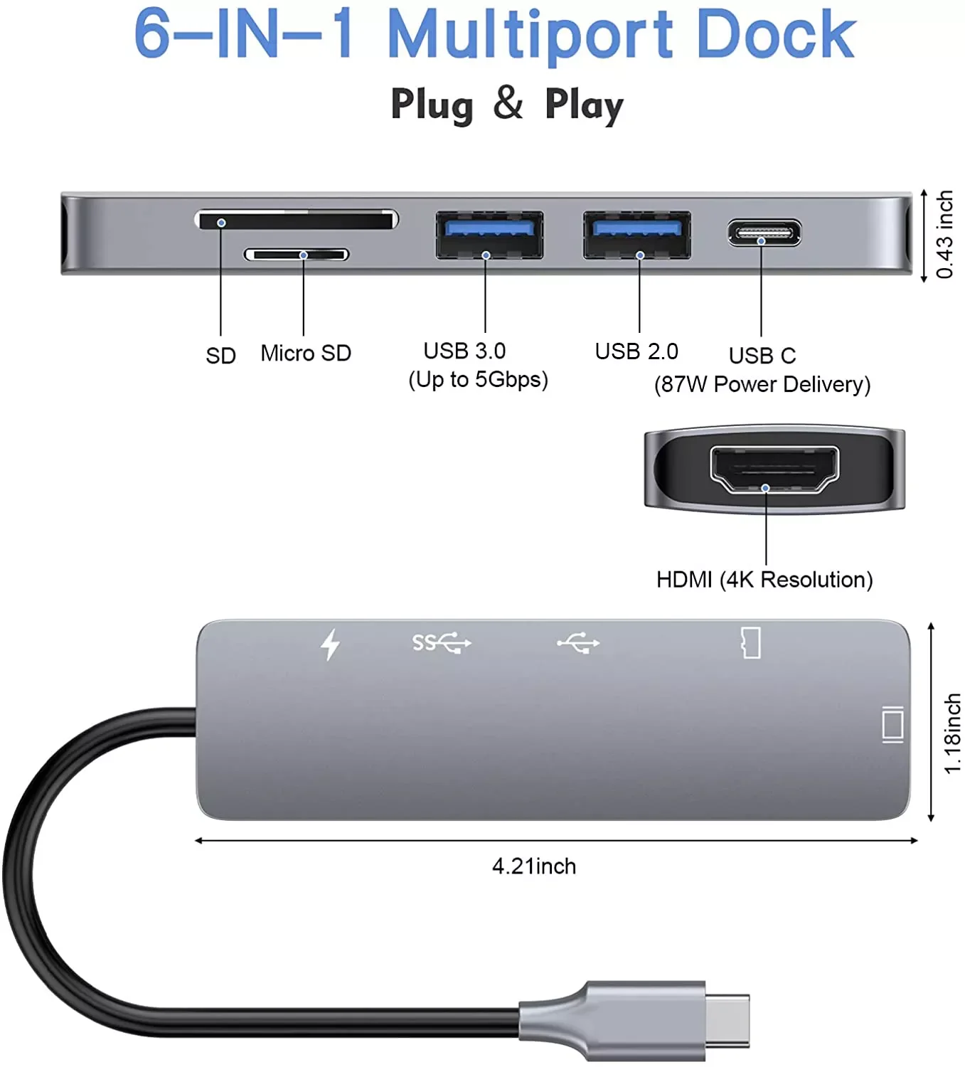 

Трендовая док-станция с адаптером типа C и 4K HDMI USB3.0 SD/TF-ридер, 87 Вт, PD Thunderbolt 3, аксессуар для MacBook Pro, ПК, 2023