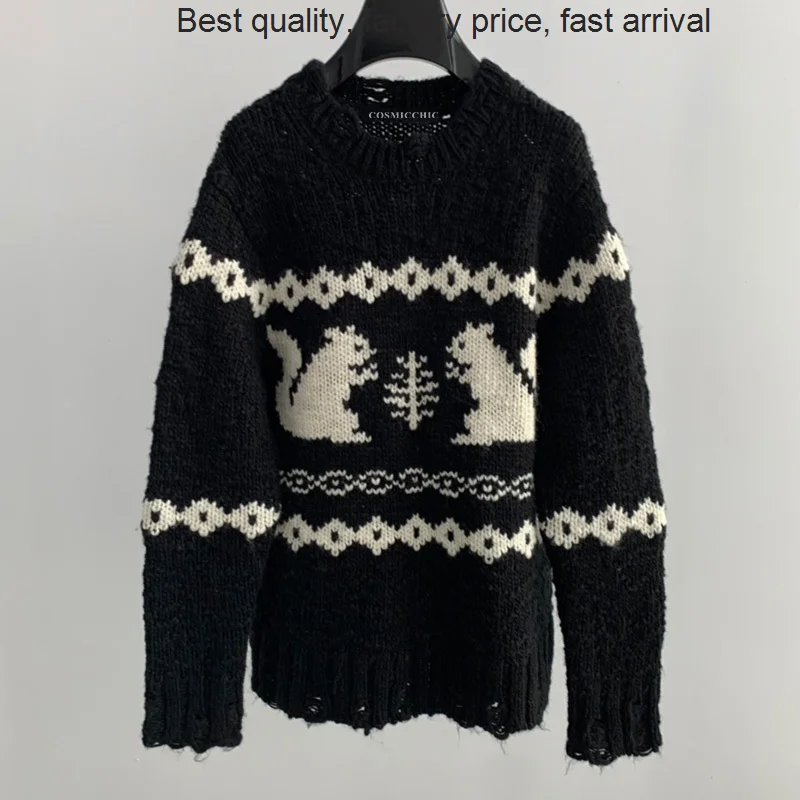 

High quality luxury brand 2023 Autumn Men Women Basic Squirrel Jacquard Hole Sweater Runway Wool Mohair Blended O Neck Knit Pull