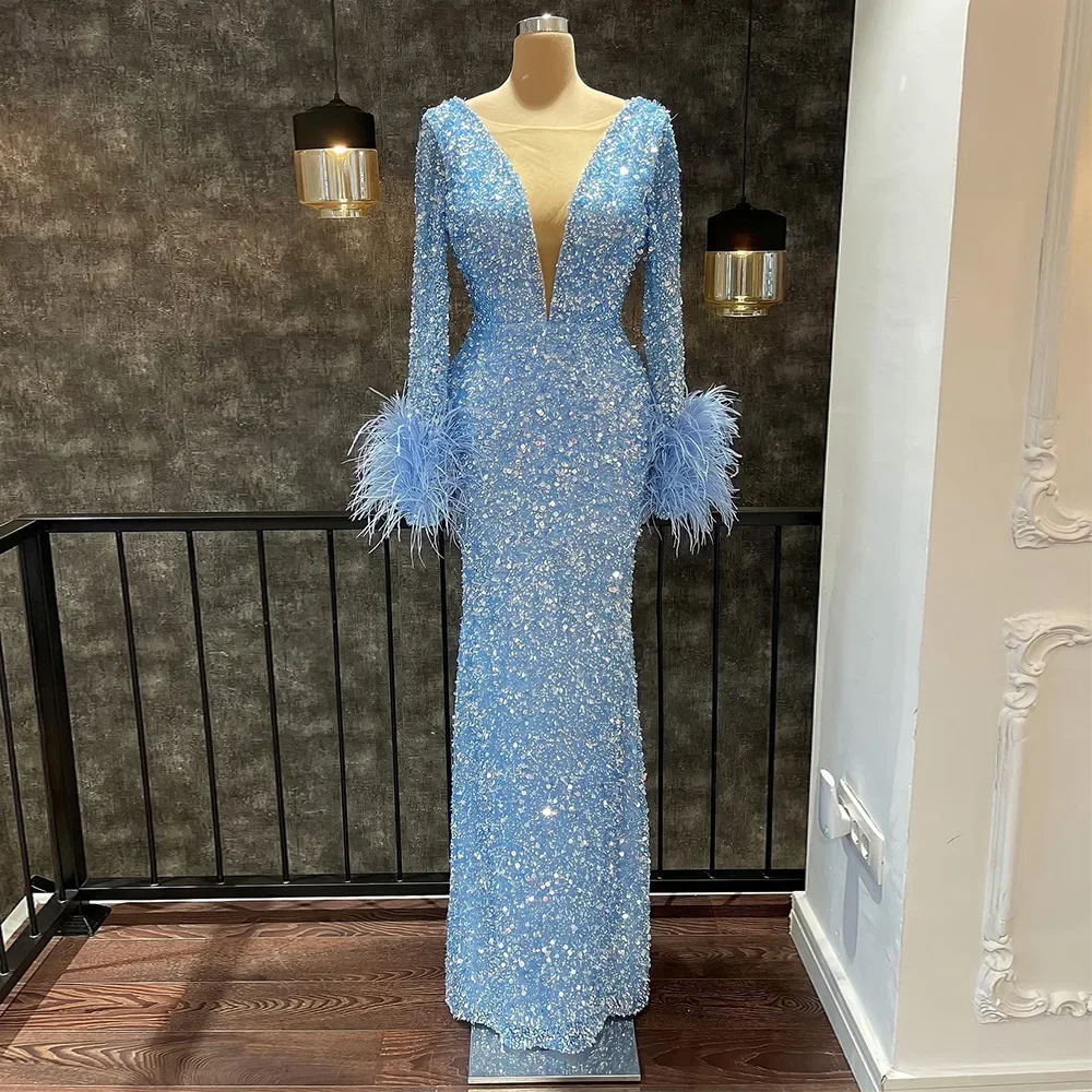 

Luxury Sequins Prom Dresses 2024 Long Sleeves With Feather Deep V Neck Women's Wear Sky Blue Sexy Mermaid Evening Party Gowns