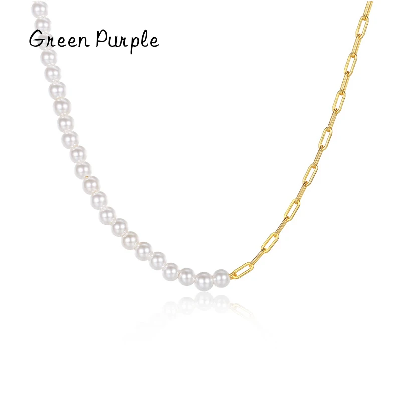 

Genuine 925 Sterling Silver Exqusite Asymmetric Natural Pearl Fashion Chain 14K Gold Plated Necklace For Women Fine Jewelry Gift