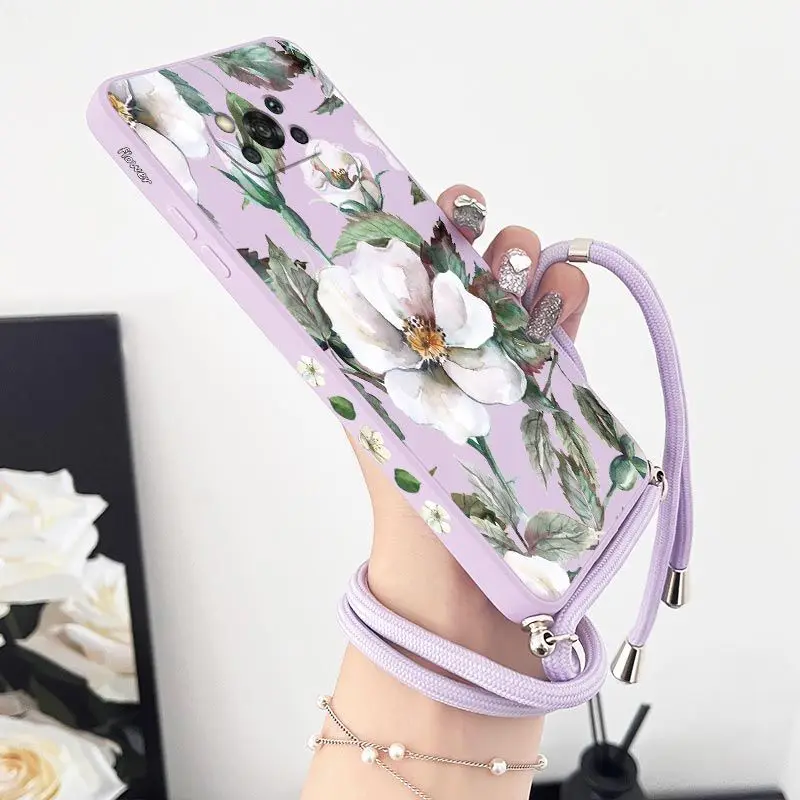 

Oil Painting Orchid Crossbody Lanyard Silicone Phone Case For Xiaomi Poco M5 M4 Pro F4 X4 GT F4 GT X4 F3 X3 M3 X3 Pro C40 Cover