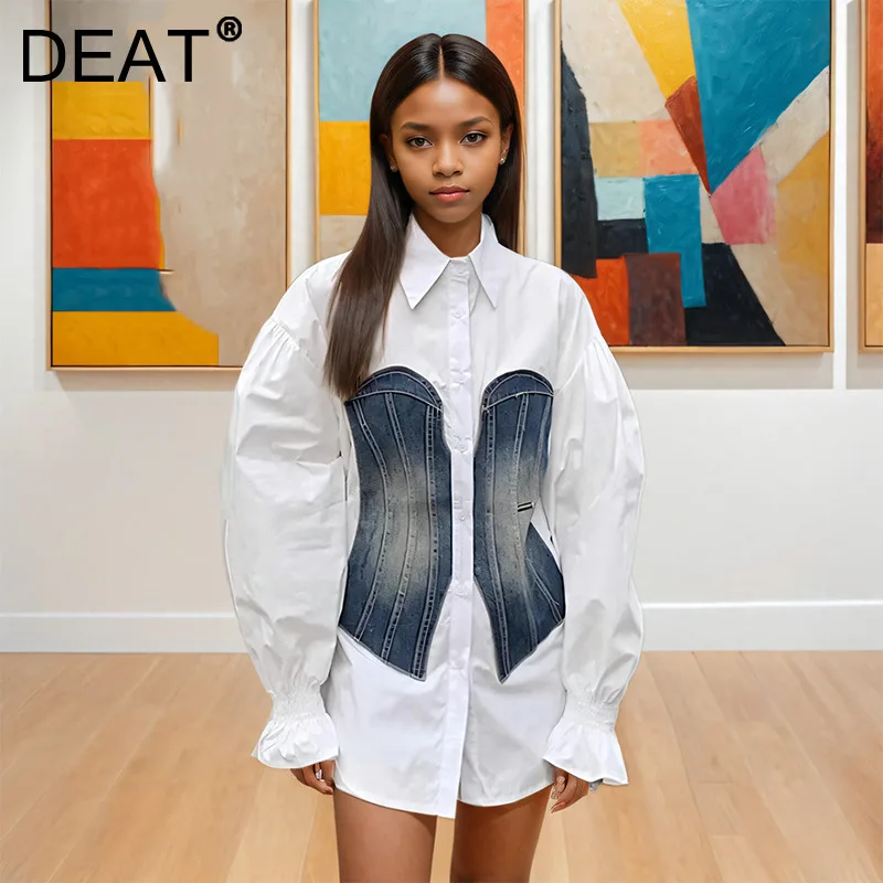 DEAT модная женская джинсовая лоскутная блузка с длинными рукавами однобортные