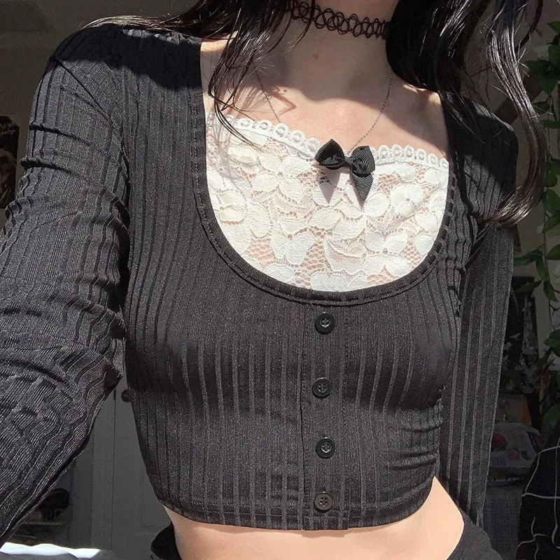 

Y2k Lace Crop Top Bow Cute T Shirt Patched Black Full Sleeve Pullovers Retro Grunge Fairycore Korean Tee Women Chic