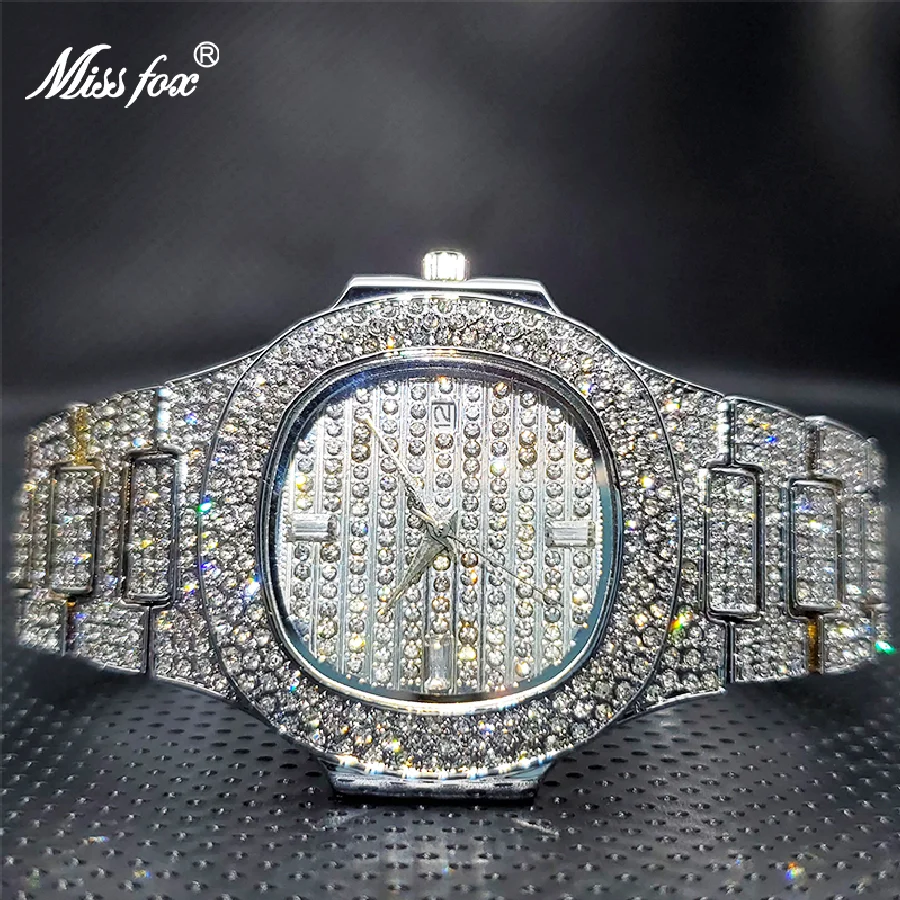 

Luxury Men's Quartz Watches MISSFOX Geneva Casual Fashion Designer Ice Diamond Watch 30M Waterproof Quality Rel��gio Masculin