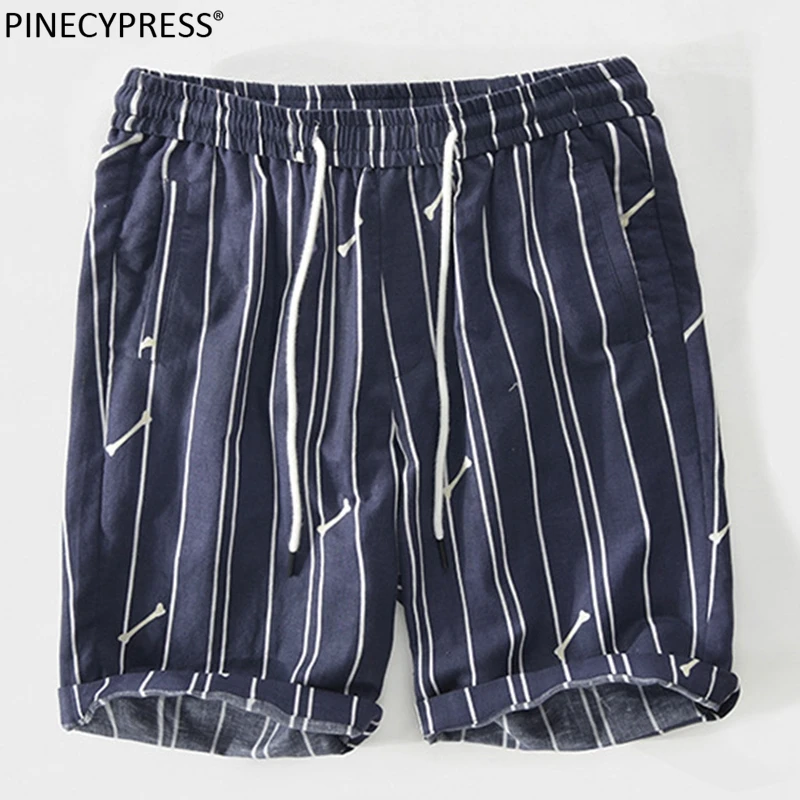 

55% Linen 45% Cotton Breathable Anti-static Anti-pilling Men Summer Flax Male Quality Striped Beach Pockets Casual Man Shorts