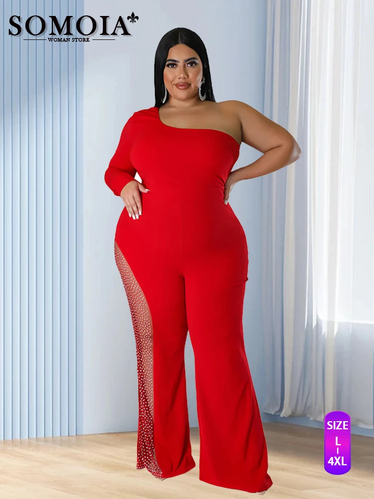 

SOMOIA Plus Size Women Clothing Fashion Slim Solid Color Hot Drilling One Shoulder Oversize Jumpsuit Wholesale Dropshipping