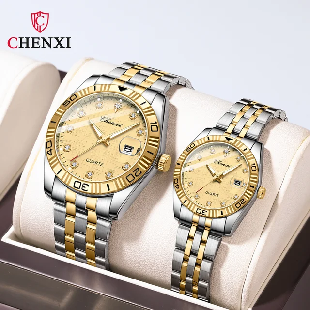 Chenxi 8201B Lovers Diamond Gold Stainless Steel Band Watch Fashion Business Quartz Couple Wristwatch Relogios Feminino 1