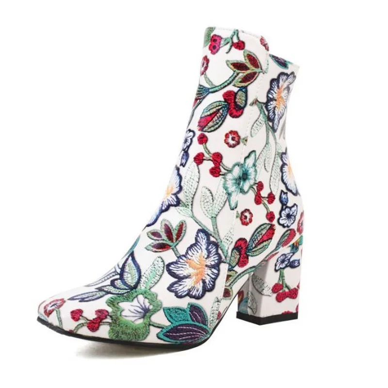 

New Print Embroidered Women's Boots Square Toe Chunky High Heel Side Zipper Ankle Boots Martin Women's Shoes Zapatos Mujer