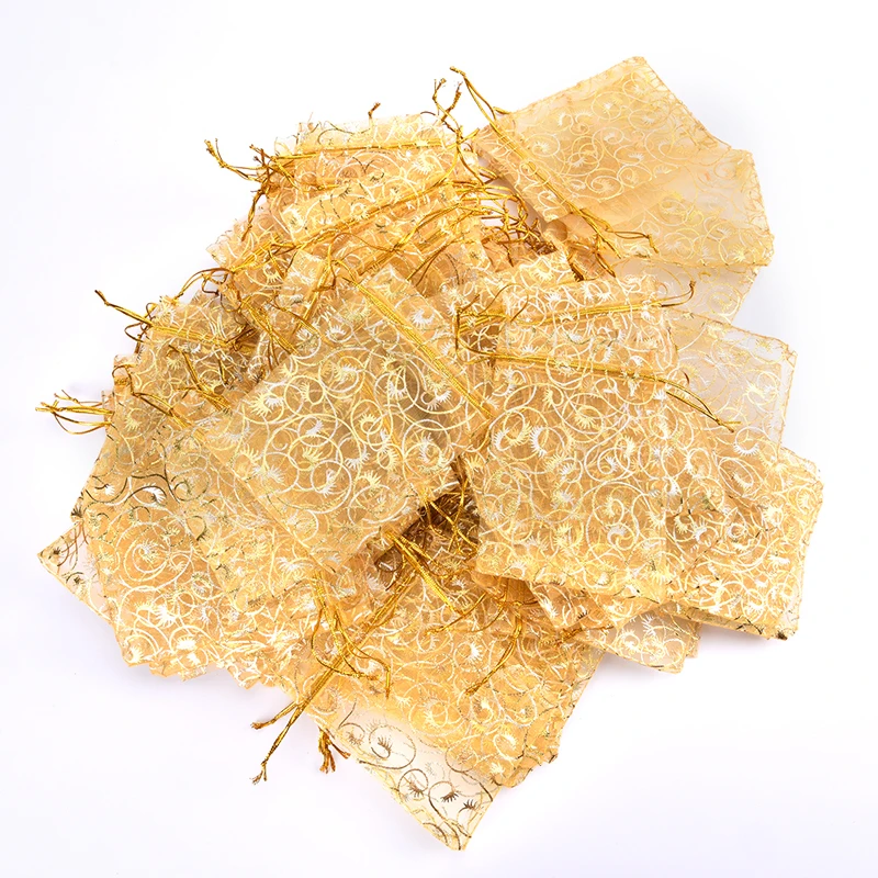 

100pcs/lot Fashion Gold Organza Bags Drawstring Gift Bag Jewelry Tea Packaging Bags Wedding Favors Small Gift Bags