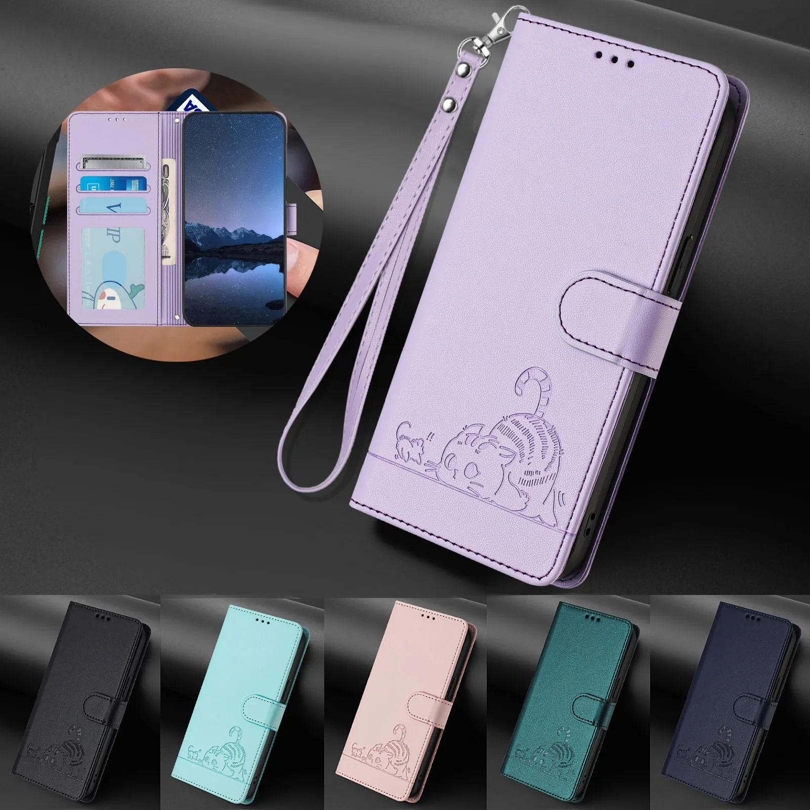 Кожаный чехол-книжка с мультяшным котом для iPhone 15 Pro Max 14 11 12 13 Mini 6 7 8 Plus SE XR XS