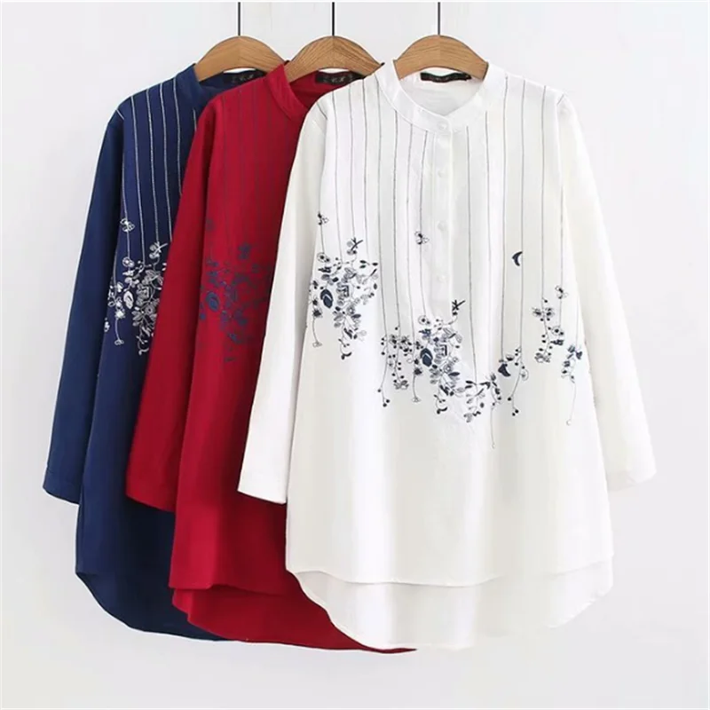 Блузка женская из хлопка и льна с длинным рукавом свободного покроя вышивкой в