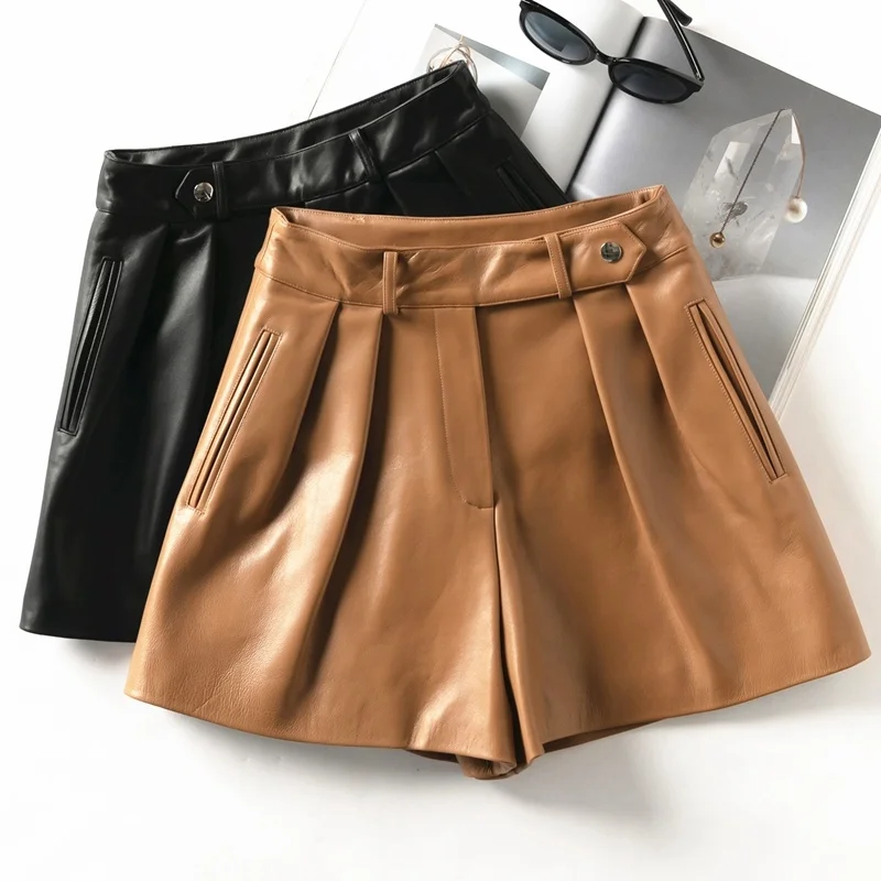 Spring New 2023 In Outerwears Real Sheepskin Wide Leg Pants Genuine Leather Shorts Women Korean Fashion Black Trousers ZT