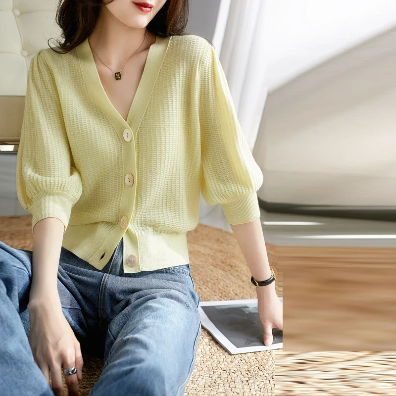 

Limiguyue полосатая трикотажная футболка Летняя женская трикотажная одежда с пышными рукавами свободные топы из вискозы элегантные однобортны...