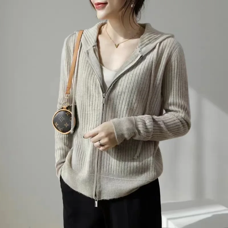 Новинка 2024 женская толстовка с капюшоном кардиган свободная вязаная верхняя