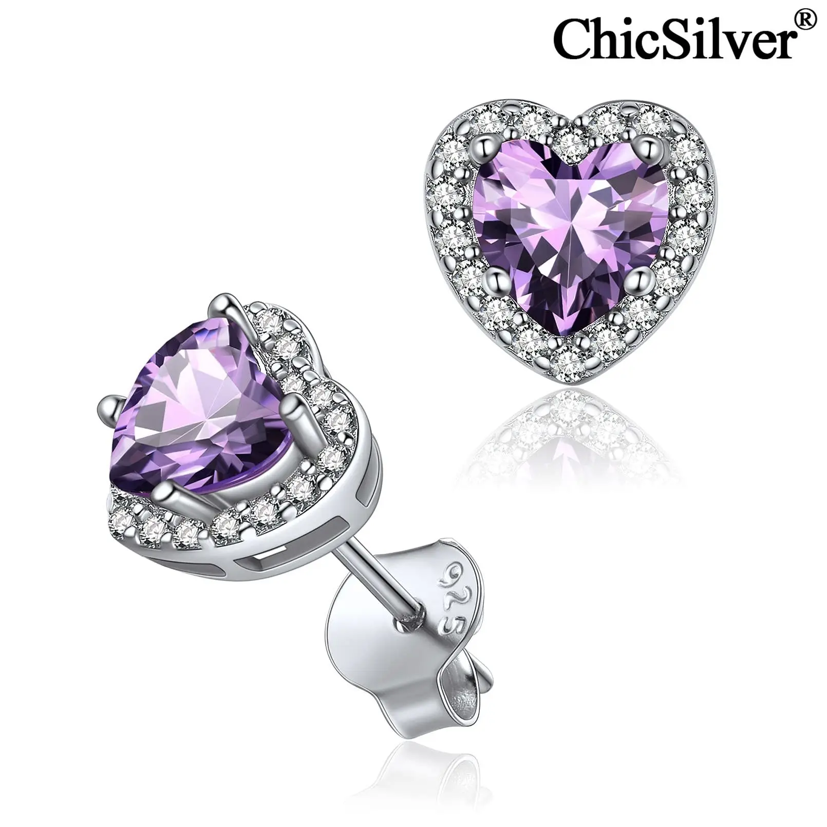 

ChicSilver Heart Shape Birthstone Stud Earrings 925 Sterling Silver Halo Crystal Cubic Zirconia Earring for Women Hypoallergenic