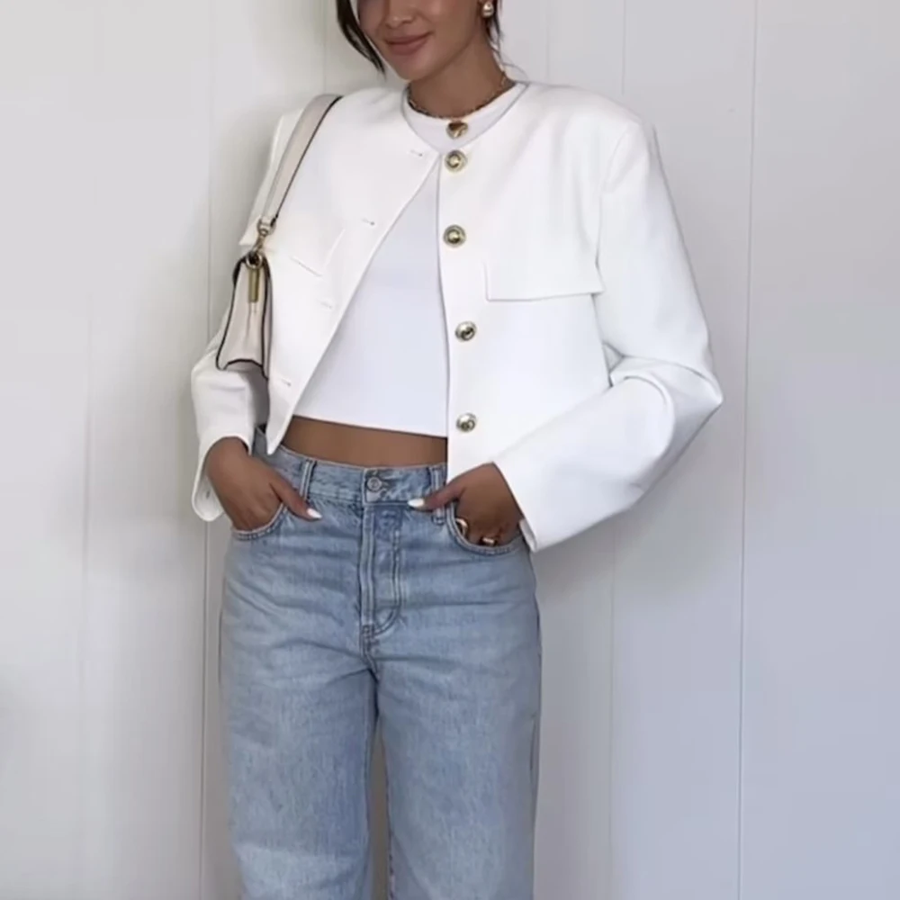 

Spring/Summer 2023 Women's New European and American Quality Versatile Slim Fit White Metal Button Round Neck Suit Coat