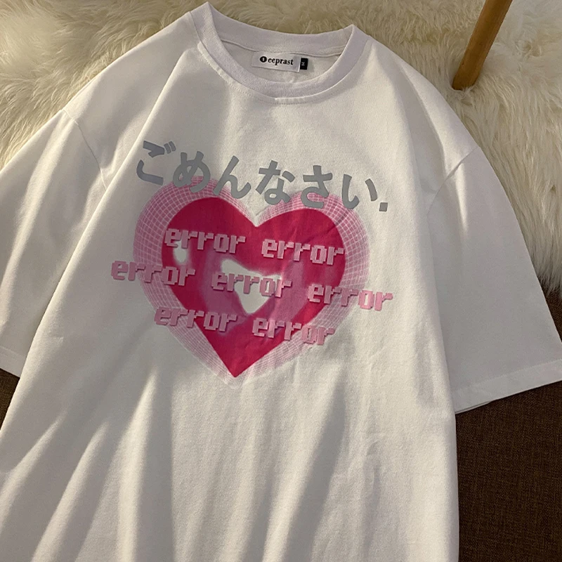 

Cotton Japanese Style Summer Loose Crewneck Short Sleeve T-shirt Women's Love Hearts Print Graphic T Shirts Y2k Top Kawaii Tees