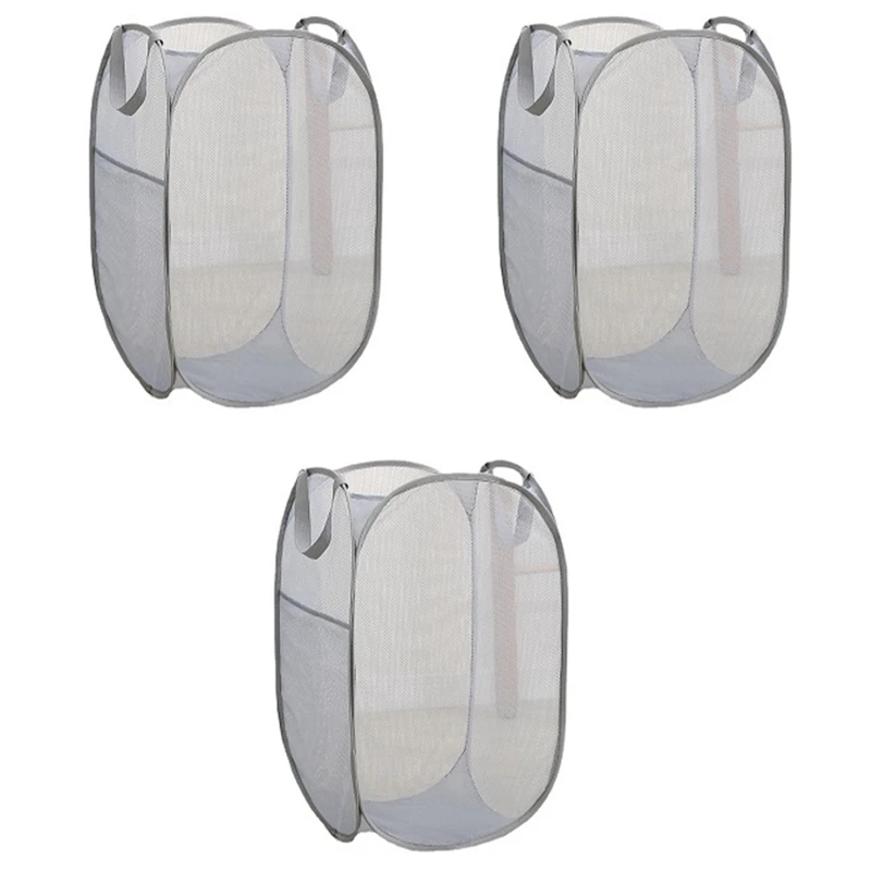 

3 Pack Collapsible Laundry Basket Gray Strong Mesh Up Laundry Hamper For Laundry With Side Pocket Reinforced Handles