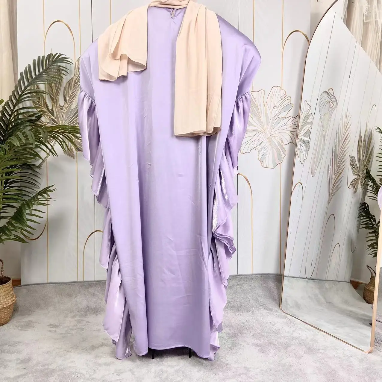 High Quality Islamic Satin Loose Dress Solid Color Popular Wide Hem Muslim Women Maxi Long Dress