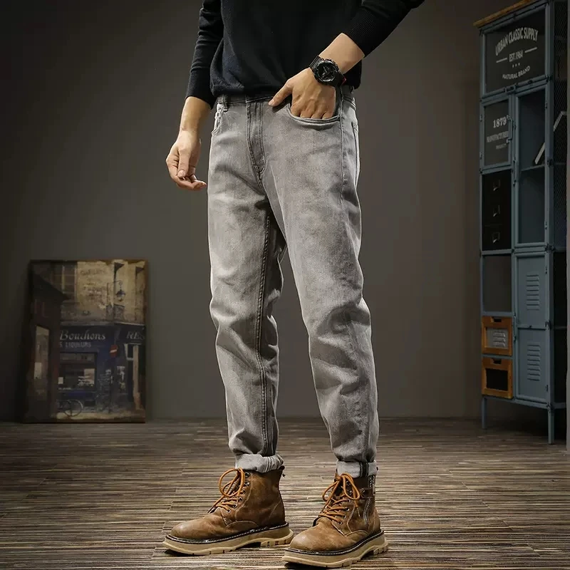 Newly Designer Fashion Men Jeans Retro Gray Stretch Slim Fit Ripped Jeans Men Elastic Trousers Vintage Casual Denim Pants Hombre