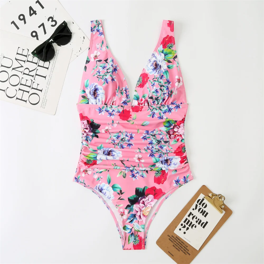 

2022 New Bikini New Floral Tight-Fitting Halter One-Piece Swimsuit Ladies Sexy Digital Print Lace-Up Beach Women's Swimsuits