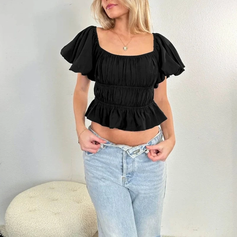 

Spring Summer Elegant French Romantic Puff Sleeve Square Collar Women Blouse